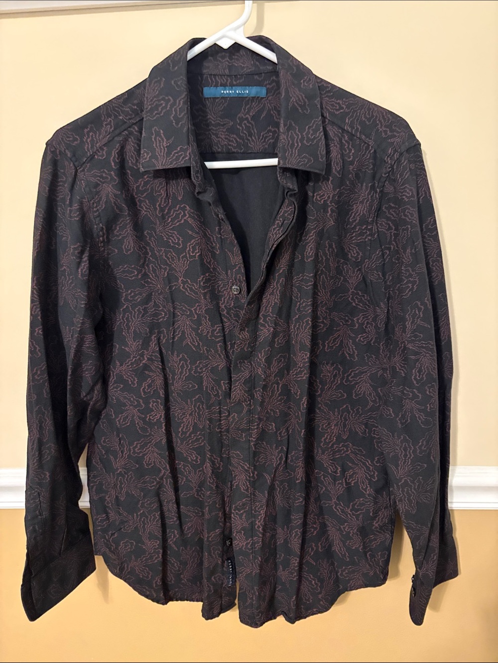 Perry Ellis Black Dress Shirt with Burgundy Leaf Motif